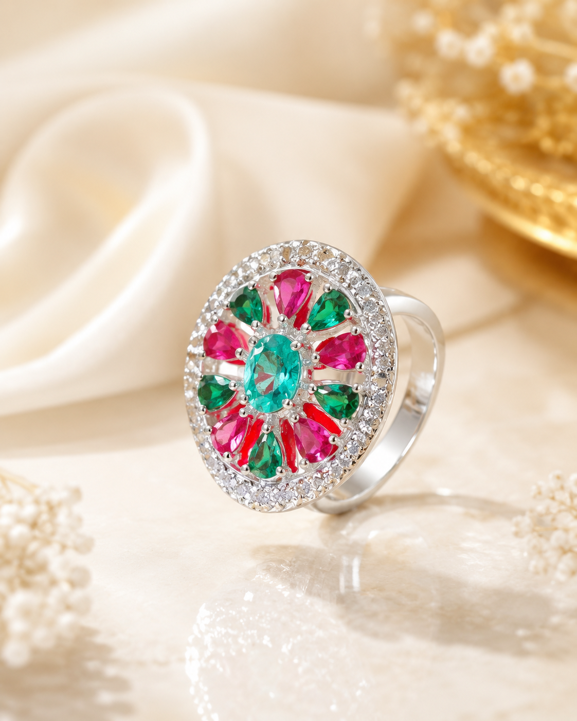 Elegant Floral Gemstone Statement Ring