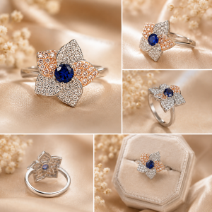 Floral Blue Stone Silver Ring for Women