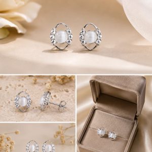 Floral Pearl & Crystal Stud Earrings for Women