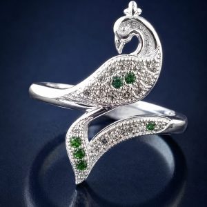Peacock Designer Silver Ring with Green Crystal Stones
