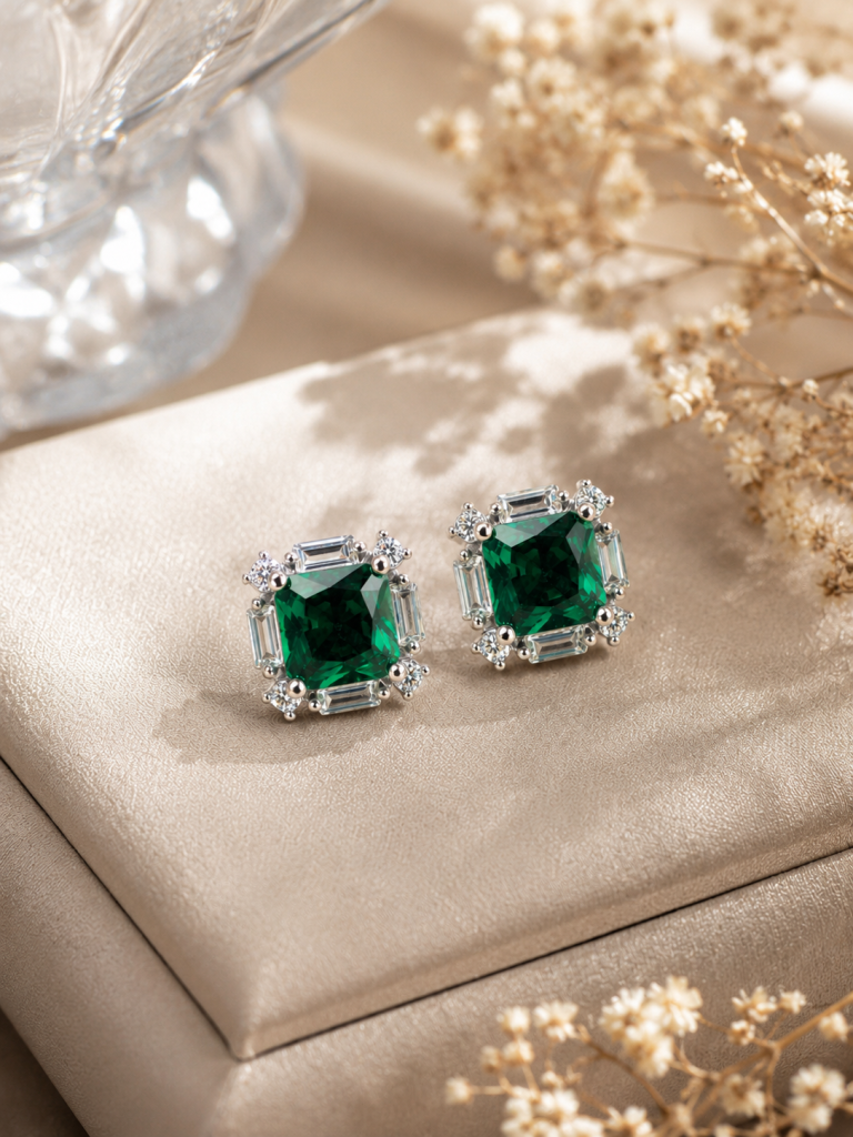 925 Sterling Silver Emerald Green Square Stud Earrings | Premium CZ Diamond Studs for Women & Girls