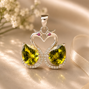 Elegant Swan Heart Olive Green Crystal Pendant | CZ Studded Designer Necklace Pendant