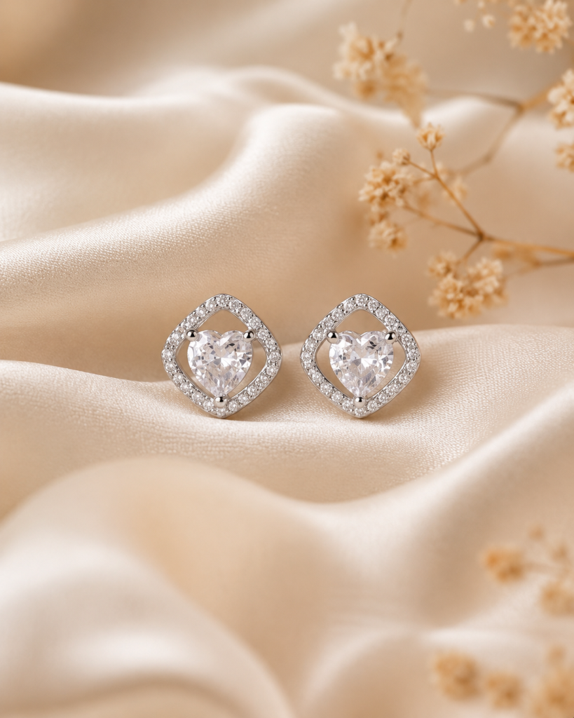 925 Sterling Silver Heart CZ Stud Earrings