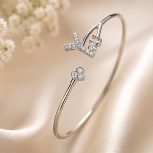 Elegant Love Letter Open Bracelet with CZ Stones – Silver Finish