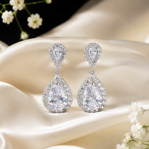 Elegant Pear Halo CZ Drop Earrings – Silver 925