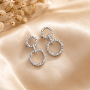 925 Sterling Silver Double Circle CZ Drop Earrings