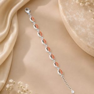 Elegant Orange Stone Leaf Design Silver Bracelet for Women
