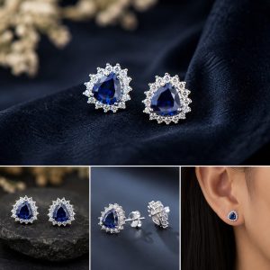 Royal Blue Teardrop CZ Halo Stud Earrings | Elegant Sterling Silver 925 Crystal Earrings for Women