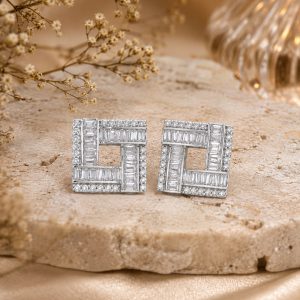 925 Sterling Silver Geometric Baguette CZ Stud Earrings
