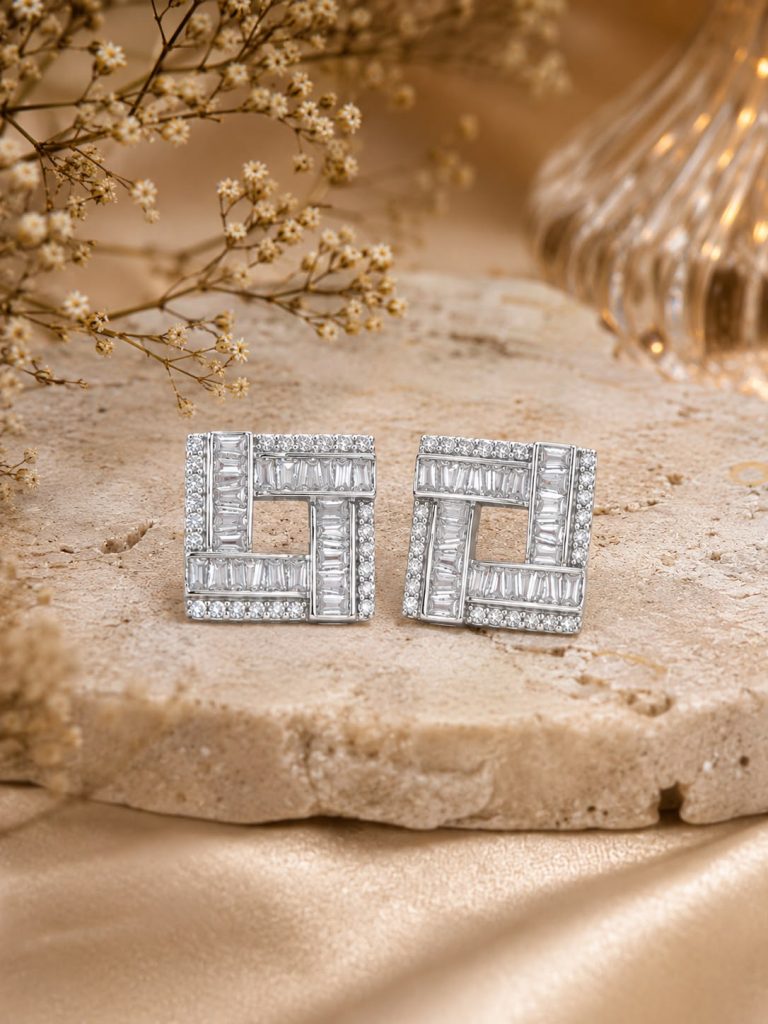 925 Sterling Silver Geometric Baguette CZ Stud Earrings