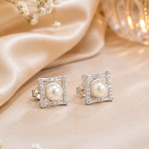 925 Sterling Silver Pearl Square Stud Earrings for Women | Elegant Everyday Earrings