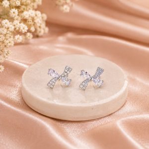 Elegant Crystal Bow Sterling Silver Stud Earrings for Women