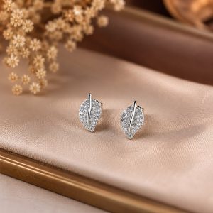 Elegant Leaf Design CZ Stud Earrings for Women | Sterling Silver 925 Crystal Earrings