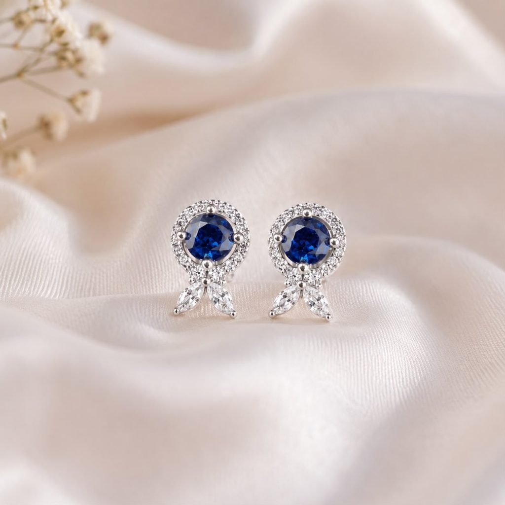 925 Sterling Silver Blue Sapphire Halo Stud Earrings for Women | Elegant Daily Wear Earrings