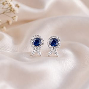 925 Sterling Silver Blue Sapphire Halo Stud Earrings for Women | Elegant Daily Wear Earrings