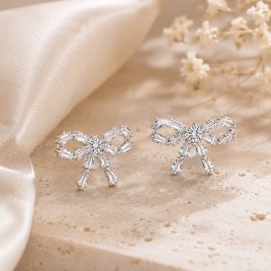 925 Sterling Silver Sparkling Bow Stud Earrings for Women & Girls | Elegant CZ Stone Earrings