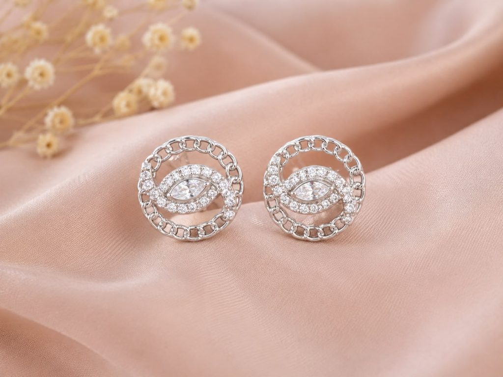 925 Sterling Silver CZ Chain Circle Stud Earrings