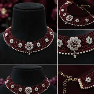 Maroon Chatai Necklace with Flower Charms & Pearl Border MADE WITH SILVER